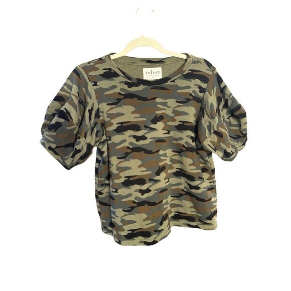 Velvet by Graham & Spencer for Anthropologie Camo Puff Sleeves Tee Shirt Sz M - Picture 2 of 9